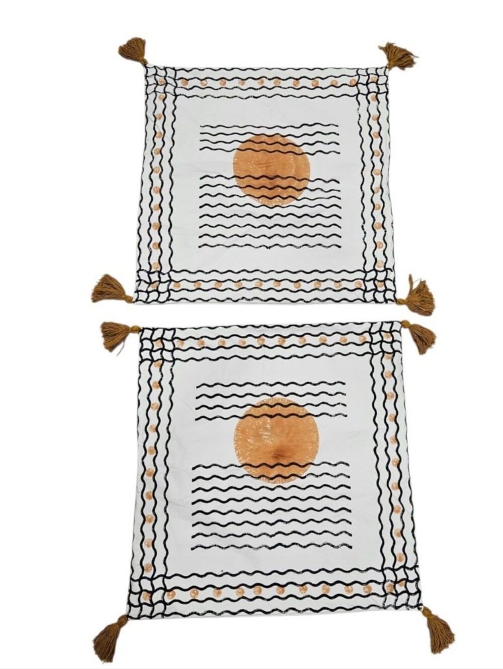 CQC LA Ascension Moon Lunar Pillow Shams Fringe 26" Hand Block India Cotton Set2